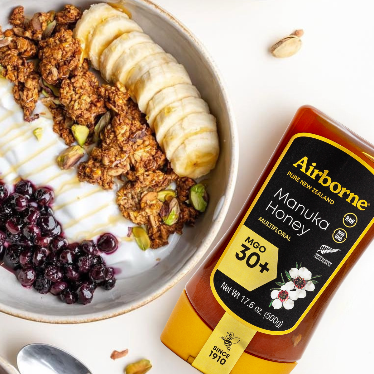 Mānuka 30+ MGO Multifloral Honey Upside Down Squeeze– Airborne USA